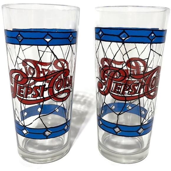 VTG Pepsi Cola Drinking Glasses Tiffany Style 1970s Stained Glass 12oz Lot of 2 - Picture 3 of 6